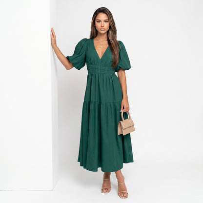 AMELIA | Vestido midi cruzado con volantes elegante