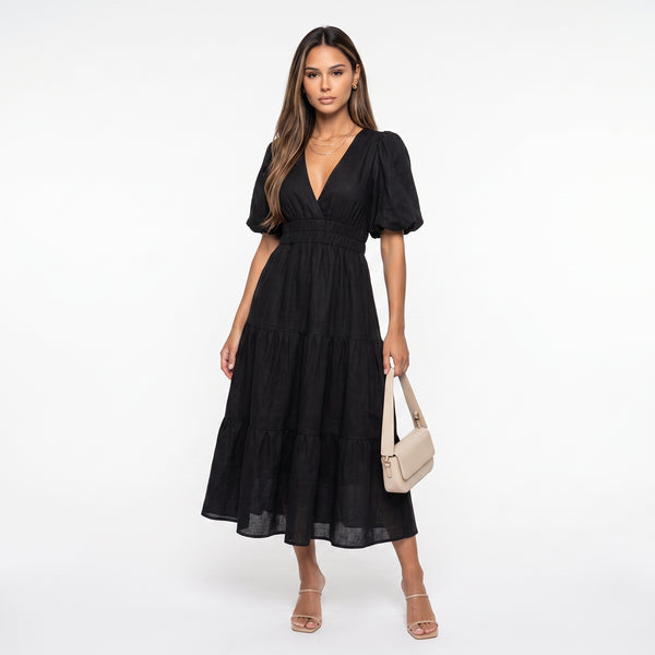 AMELIA | Vestido midi cruzado con volantes elegante